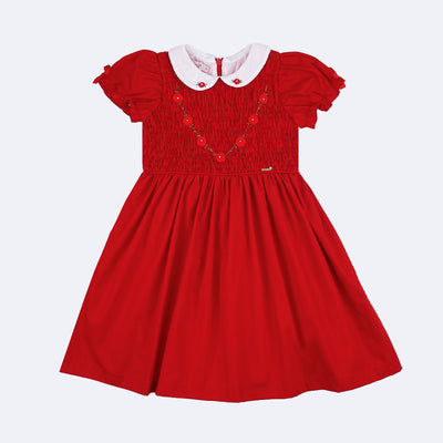 Vestido de Bebê Roana Natal com Lastex e Bordado de Flor Vermelho - 2 a 3 Anos - frente do vestido 