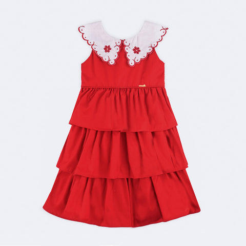 Vestido de Bebê Roana Regata Babados e Bordado Vermelho - 2 a 3 Anos - frente do vestido bebê