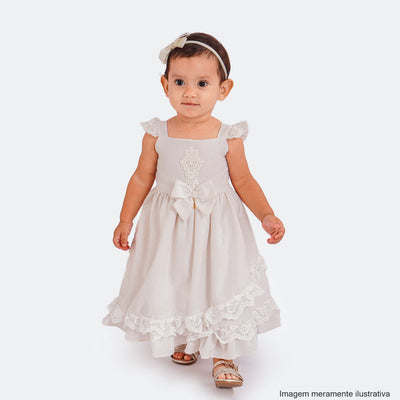 Vestido de Bebê Roana Babado Laço e Pérola Marfim - vestido na menina
