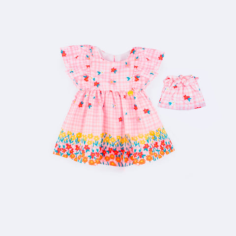 Vestido de Bebê Mon Sucré com Calcinha e Babados Flores Colorido - vestido e calcinha bebê