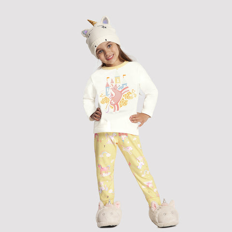 Pijama Infantil Alakazoo Moletom Brilha no Escuro Mundo Mágico Amarelo - frente pijama inverno