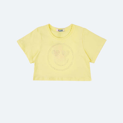 Cropped Infantil Kukiê Emoji Coração Strass Amarelo.