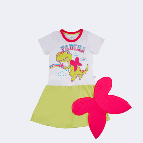 Camisola Kids Cara de Criança Brilha no Escuro Fadina Branca Pink e Verde - 4 a 8 Anos - frente da camisola infantil e asa