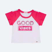 Camiseta Infantil Pampili Good Vibes Pink e Branca - frente da camiseta branca
