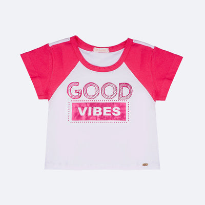 Camiseta Infantil Pampili Good Vibes Pink e Branca - frente da camiseta branca