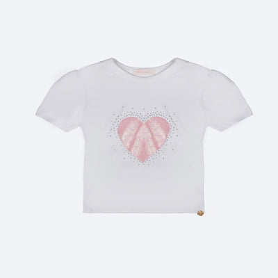 Camiseta Infantil Pampili Coração Holográfico e Strass Branca - camiseta branca