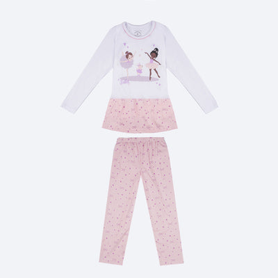 Pijama Infantil Cara de Criança Manga Longa Ballet Branco e Rosa - frente pijama infantil feminino