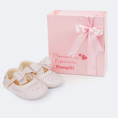Sapato de Bebê Pampili Nina Momentos Especiais Glitter Strass Nude - frente do sapato infantil feminino