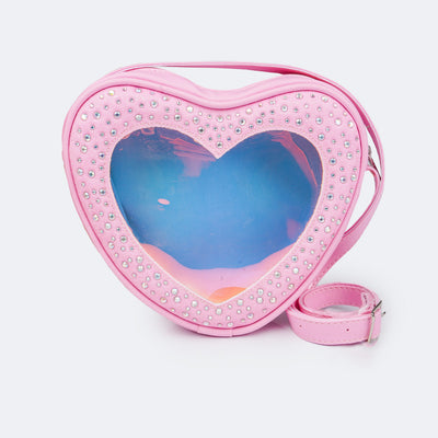 Bolsa Infantil Pampili Coração Strass Holográfica Rosa Bale - frente da bolsa infantil rosa