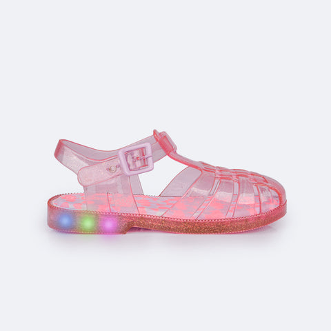 Sandália de Led Infantil Pampili Glee Valen Transparente e Glitter Rosa Lilás - lateral da sandália transparente