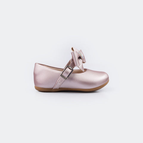 Sapato Infantil Mini Angel Laço e Strass Rose Metalizado.