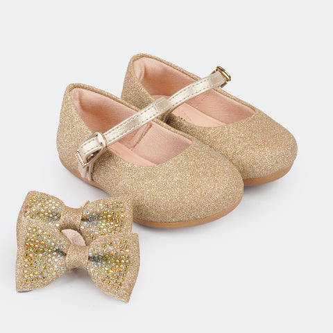 Sapato Infantil Primeiros Passos Angel Glitter com Laço Strass Dourado.