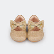 Sapato Infantil Primeiros Passos Angel Glitter com Laço Strass Dourado.