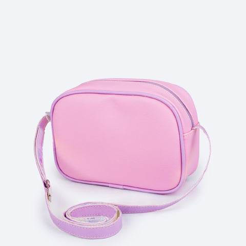 Bolsa Infantil Pampili Pamps com Glitter Rosa Bale e Lilás - traseira da mochila e alça holográfica