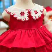 Vestido de Bebê Roana Regata Babados e Bordado Vermelho - gola redonda com bordado