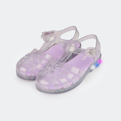 Sandália de Led Infantil Pampili Full Plastic Transparente com Glitter e Lilás - foto frontal com tiras transparentes