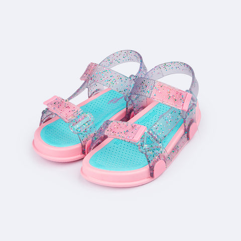 Sandália Papete Infantil Pampili Sun Glee Glitter Rosa e Azul - frente da sandália infantil com glitter