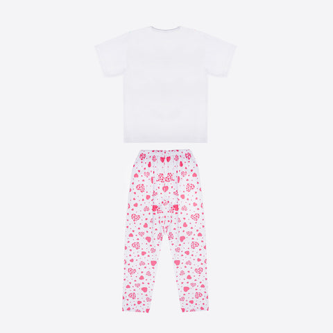 Pijama Infantil Cara de Criança Calça Corações Branco e Pink - costas do pijama menina