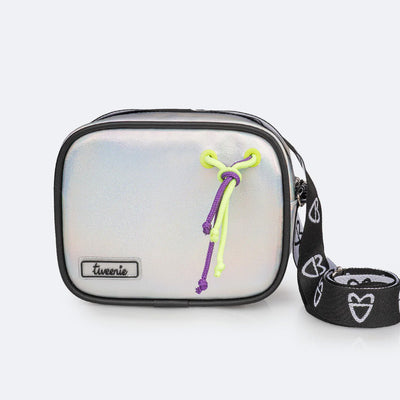 Bolsa Tiracolo Tweenie com Cordão Colorido Holográfica Prata e Preta - frente da bolsa com cordão colorido
