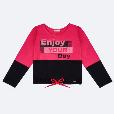 Blusa Infantil Pampili Moletom Enjoy Your Day Pink e Preta - frente blusa moletom