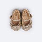 Sapato Infantil Pampili Mini Angel com Laço Duplo Glitter Strass Dourado - foto superior do sapato