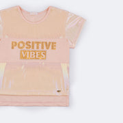 Camiseta Infantil Pampili Good Vibes com Strass e Tachas Holográfica Rosa - lateral da camiseta 