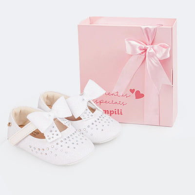 Sapato de Bebê Pampili Nina Momentos Especiais Glitter Strass Laço Branco  - sapato de bebê com a caixa 