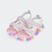 Sandália de Led Infantil Pampili Lulli Calce Fácil Listras Branca e Colorida -  parte frontal com luzes de led acesas