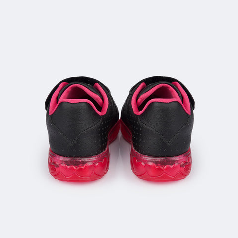 Tênis de Led Infantil Pampili Sneaker Luz Calce Fácil com Perfuros Preto e Pink  - parte traseira em sintético 