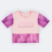 Camiseta Infantil Feminina Pampili Estampa Be Joy Tule Degradê e Rosa  - frente da camiseta com tule e estampa 