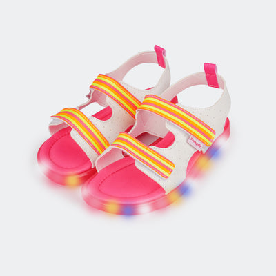 Sandália de Led Infantil Pampili Lulli Calce Fácil Listras Branca e Pink - foto da parte frontal com tiras coloridas