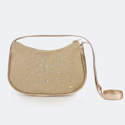 Bolsa Baguete Feminina Pampili Celebrar com Glitter e Pedras Metalizada Dourada - frente da bolsa com glitter e strass