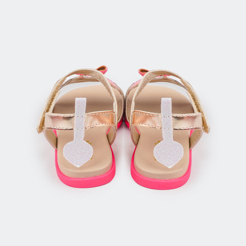 Sandália Papete Infantil Mini Fly Bichinhos Gatinha Dourada e Pink Fluor.
