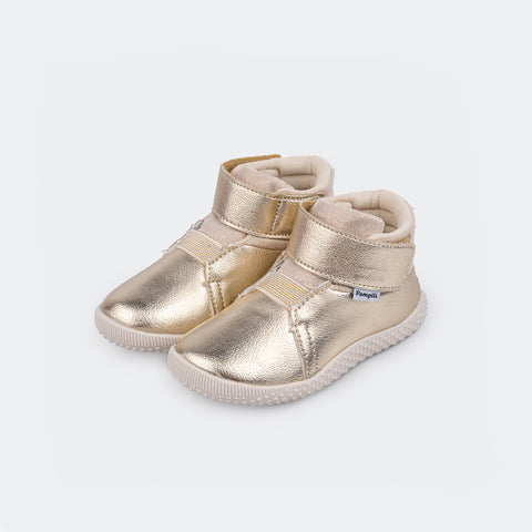 Tênis Infantil Cano Médio Primeiros Passos Confort Baby Velcro Metalizado Dourado.