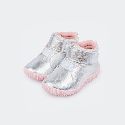 Tênis Infantil Cano Médio Primeiros Passos Confort Baby Velcro Metalizado Prata.