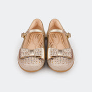 Sapato Infantil Feminino Pampili Angel com Laço Bico Glitter e Strass Dourado  - foto da parte frontal da sapatilha com glitter no bico 