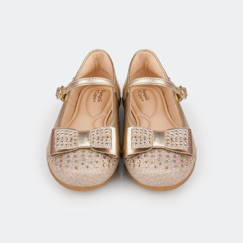 Sapato Infantil Feminino Pampili Angel com Laço Bico Glitter e Strass Dourado  - foto da parte frontal da sapatilha com glitter no bico 