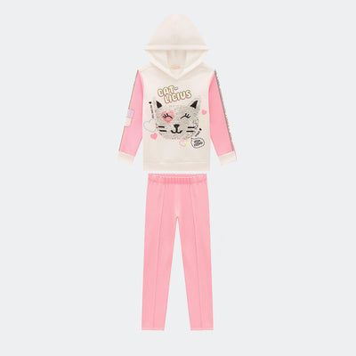 Conjunto Infantil Infanti Cat Paetê Off White e Rosa Neon - frente conjunto infantil feminino