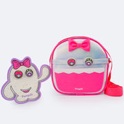 Bolsa Infantil Pampili Customizável Monstrinho Holográfica Prata e Pink - Vem com 4 Patches - frente da bolsa com patches do monstrinho