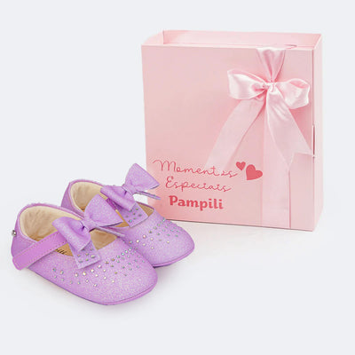 Sapato de Bebê Pampili Nina Momentos Especiais Glitter Strass Laço Lilás - caixa e sapato para momentos especiais