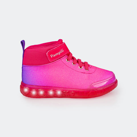 Tênis de Led Cano Médio Infantil Pampili Sneaker Luz Glitter Degradê Pink e Roxo - lateral do tênis com luz de led