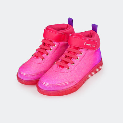 Tênis de Led Cano Médio Infantil Pampili Sneaker Luz Glitter Degradê Pink e Roxo - frente do tênis com glitter 