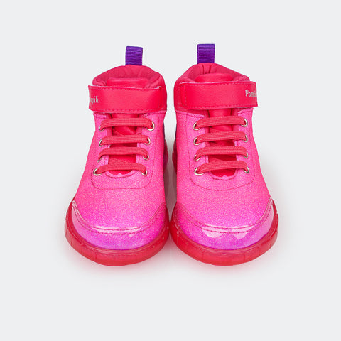 Tênis de Led Cano Médio Infantil Pampili Sneaker Luz Glitter Degradê Pink e Roxo - frente do tênis com elástico e abertura em velcro 
