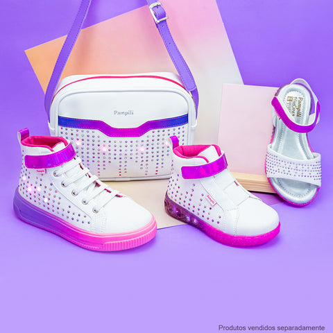 Tênis de Led Cano Médio Infantil Pampili Sneaker Seja Luz Branco e Pink - coleção infantil de led