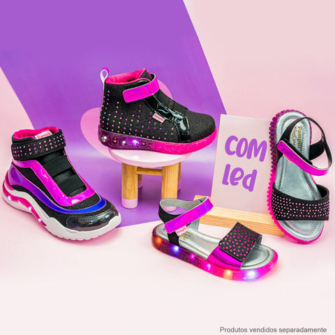 Tênis de Led Infantil Cano Médio Pampili SPK 35 Seja Luz Preto e Pink - coleção calçado de led