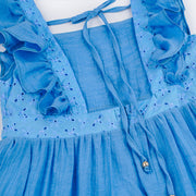 Vestido Pré-Adolescente Bambollina Bordado Flores e Babado Azul - 8 a 12 Anos - vestido de amarrar nas costas