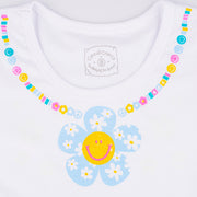 Pijama Kids Cara de Criança Brilha no Escuro Longo Flores Branco e Azul - 8 Anos - gola redonda com detalhes de estampa