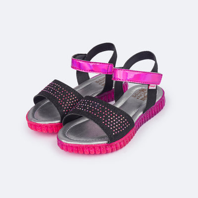 Sandália Papete Infantil Candy Glitter e Strass Preta e Pink - frente da sandália infantil preta