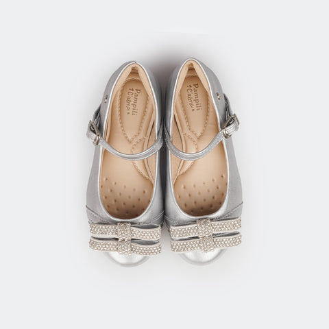 Sapato Infantil Feminino Pampili Angel Laços Strass Prata  - foto da parte superior com palmilha confortável 