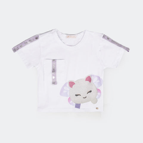 Camiseta Infantil Feminina Pampili Pamps Malu Branca - frente com bolso e gorgurão lilás